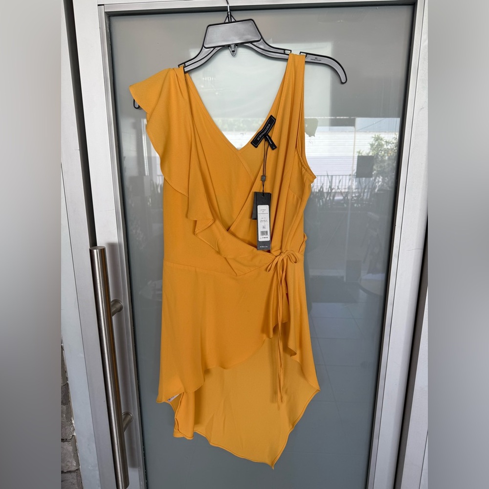 BCBGMAXAZRIA 2VX1P06 Golden Yellow Ruffled Asymmetric V Neck Wrap Top Blouse NWT